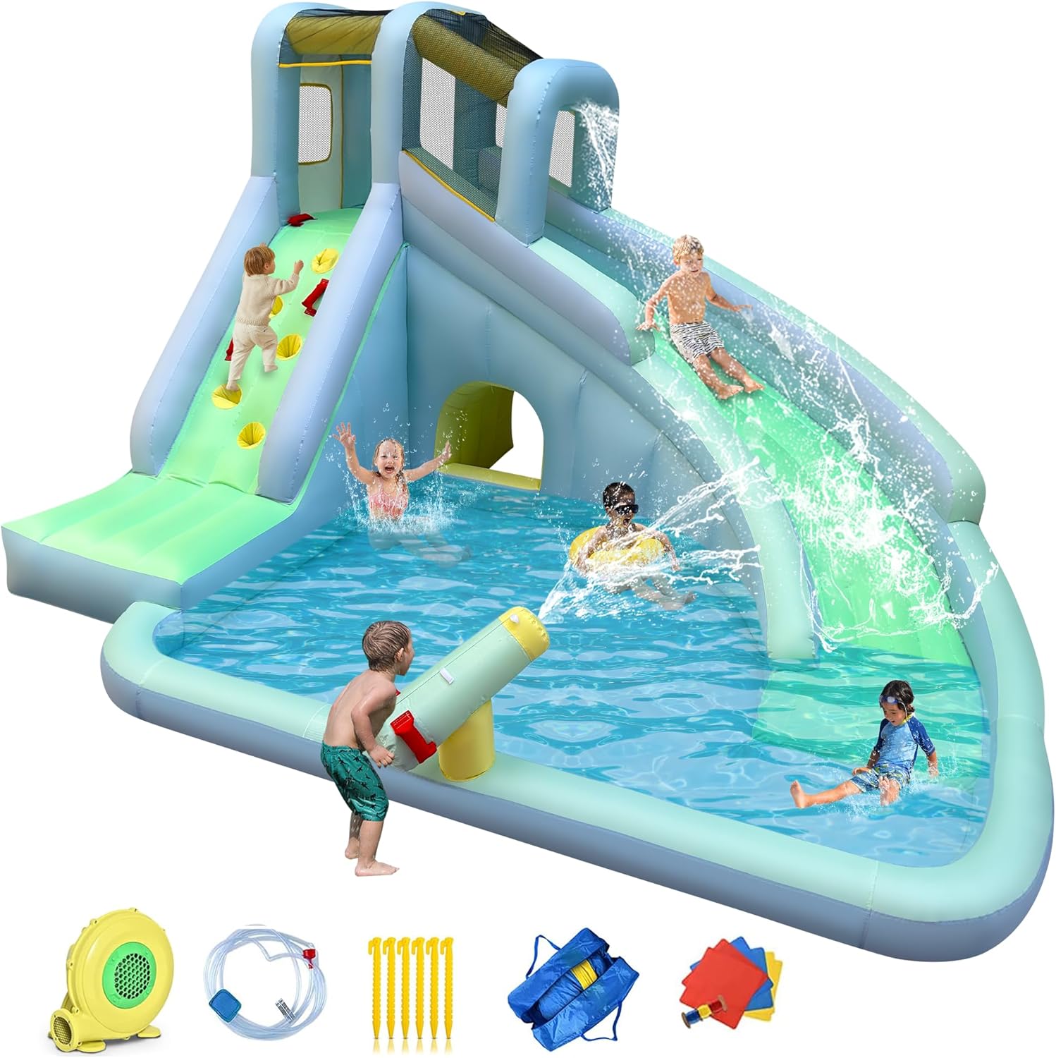 Kids Outdoor Water Slide - 6-in-1 어린이용 에어바운스 워터파크, 550W 송풍기