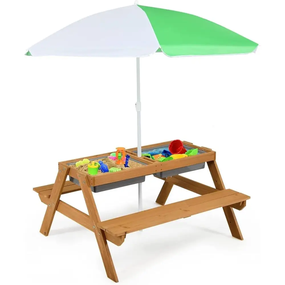 Kids Outdoor Picnic Table - 4-in-1 나무 모래놀이 및 물놀이 피크닉