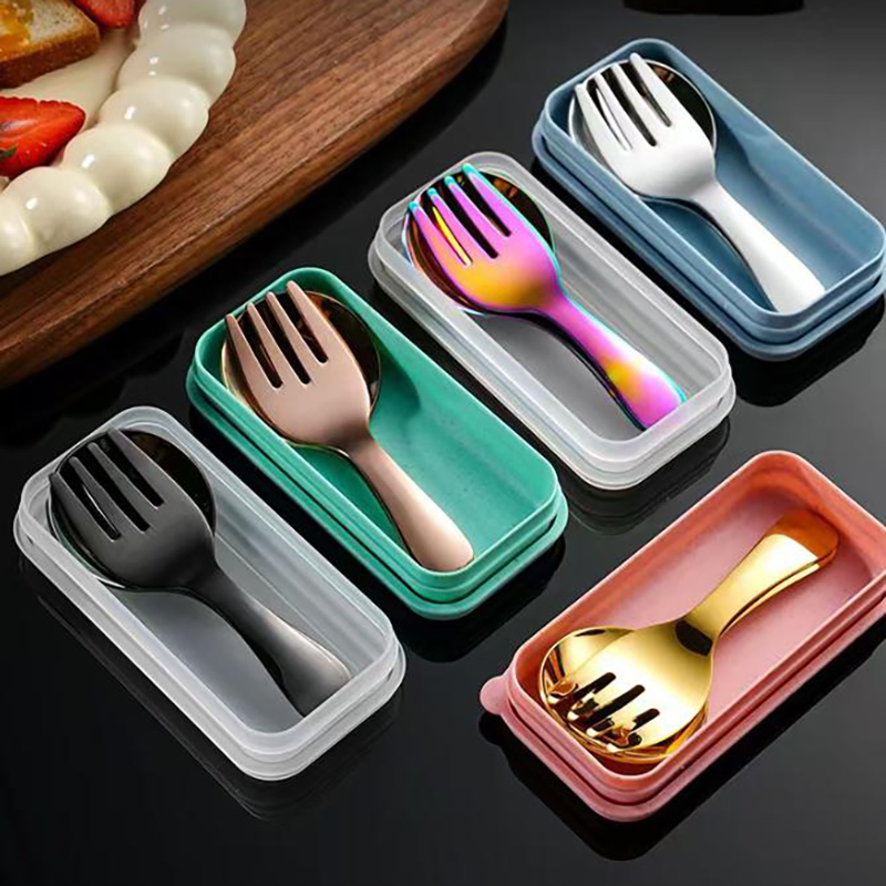 Kids.Outdoor Utensils - 스테인리스 스틸 휴대용 식기 세트 짧은