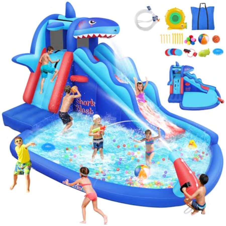 Kids Outdoor Bounce House - 야외/실내용 어린이용(3~12세) 상어 테마 파란색과 노란색