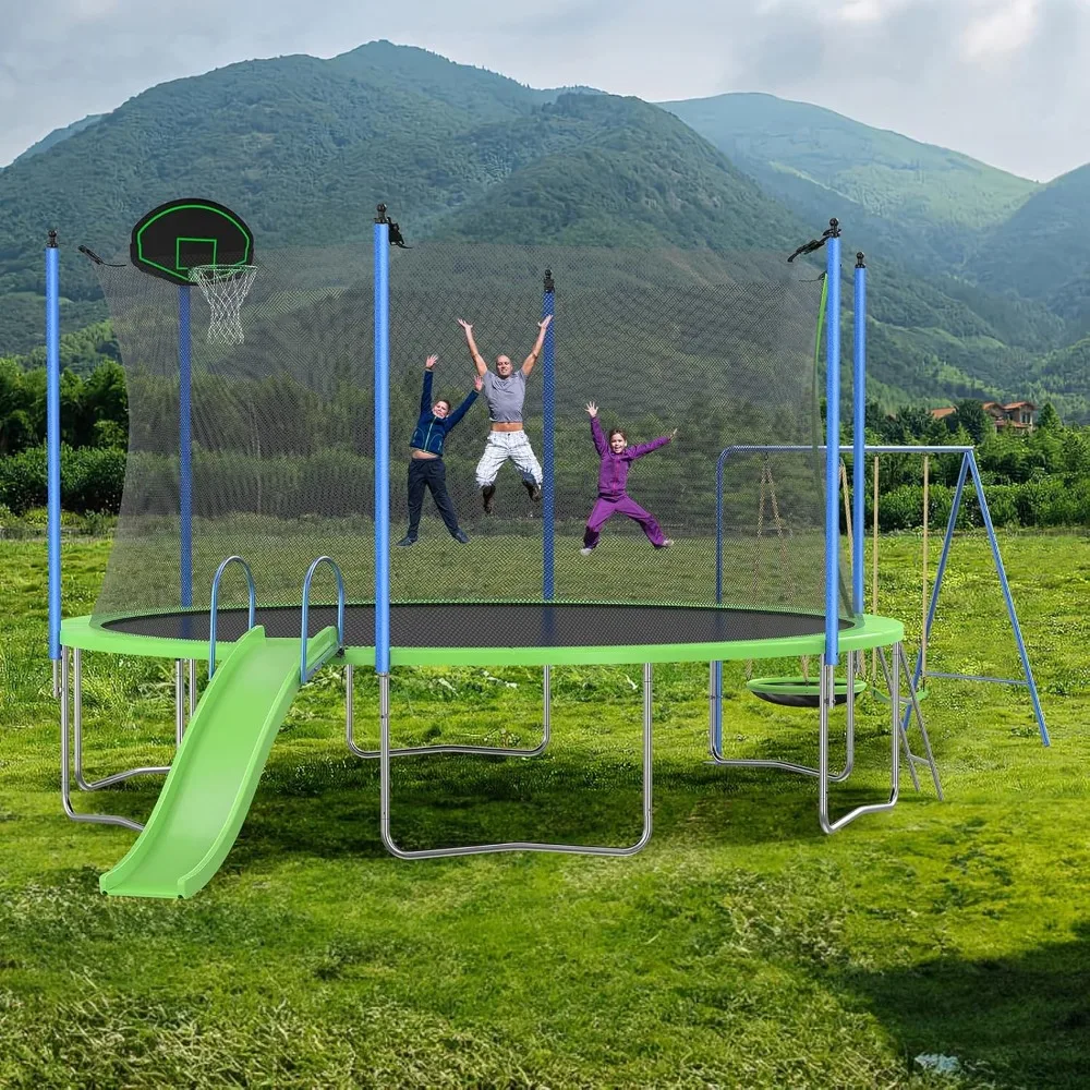 Kids Outdoor Swing Set With Slide - 미국 배송 12-14피트 트램펄린 세트 (슬라이드,