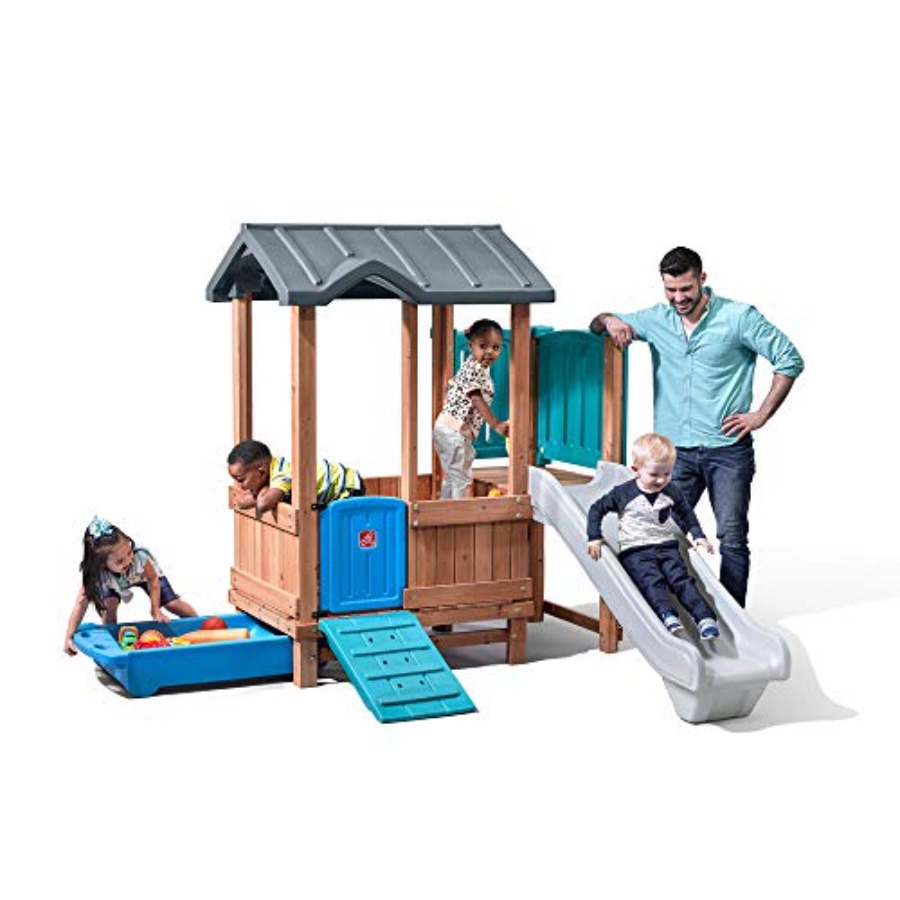 Kids Outdoor Swing Set With Slide - 우드랜드 어드벤처 플레이하우스 & 슬라이드, 어린이